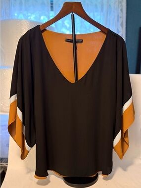 White House Black Market Black & Brown V-Neck Blouse Size Large (W11)